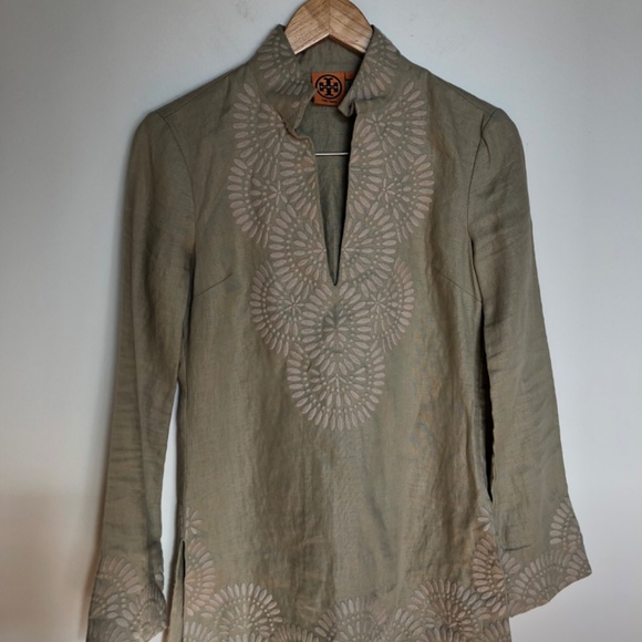 Tory Burch NWOT Linen Embroidered Long Sleeve Tunic Shirt Size 0 - Picture 10 of 12